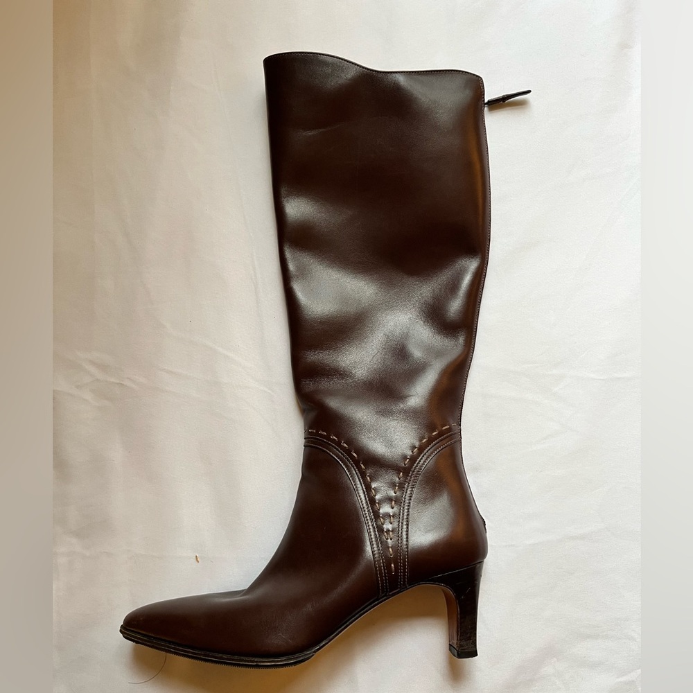 Tanino Crisci Italian Dark Brown Leather Heeled Boots Stiched detail